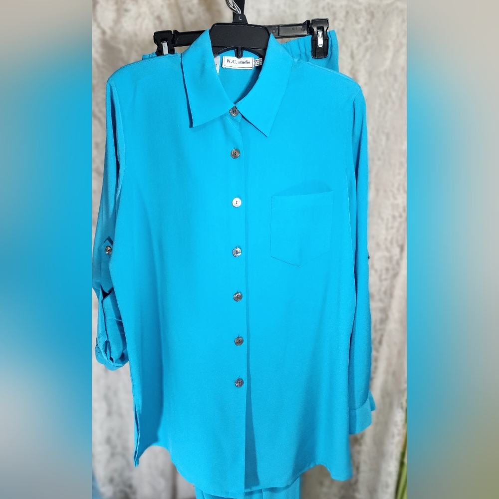 KC Studio Pant Suit Turquoise Blue Size 12  Nwot